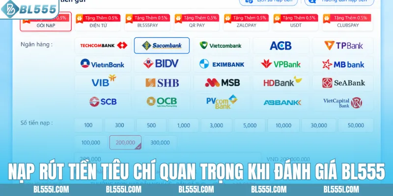 Nạp rút tiền tiêu chí quan trọng khi đánh giá BL555